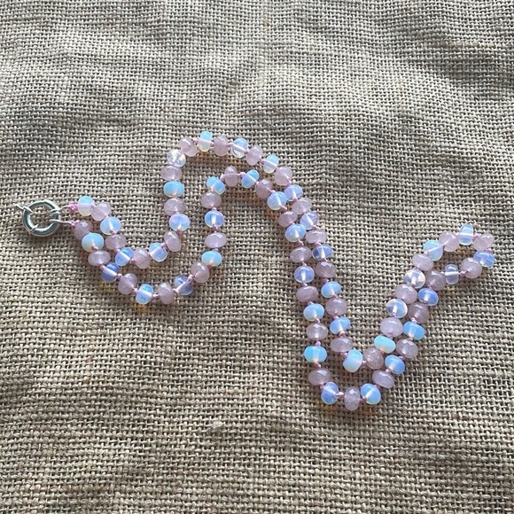 Necklace Opal & Pink Jade Stone Quartz hand made Knotted one of a kind New Beads - Picture 13 of 14
